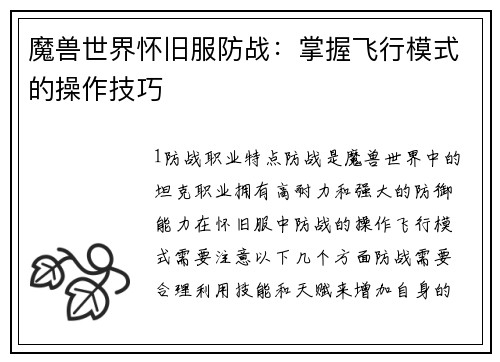 魔兽世界怀旧服防战：掌握飞行模式的操作技巧